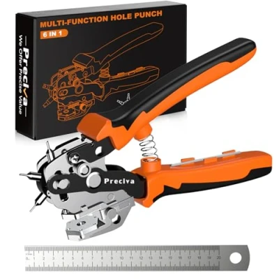 Image of Leather Hole Punch, Preciva Revolving Belt Puncher Tool, Adjustable Plier with 6 Holes, Heavy Duty Punch Ruler for Leather, Plastics, (V Shape Punch)