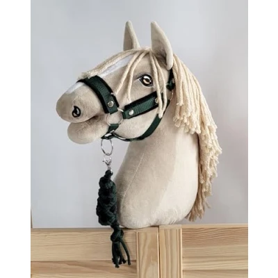 Image of Hobby Horse set: A3 halter with fur + string tether. Set without a horse. Black and khaki.
