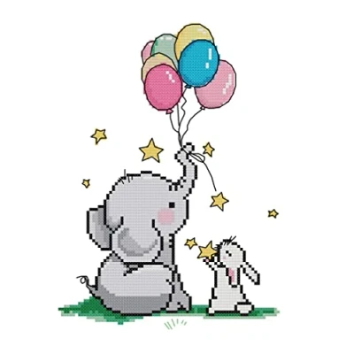 Image of Awesocrafts Cross Stitch Stamped Kits Mr. Elephant and Miss Bunny Ballon Easy Patterns Stitching Embroidery Needlework Kit Supplies (Elephant)