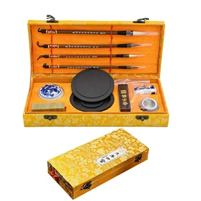 Image of WDEC 10 Pcs Chinese Calligraphy Brushes Set, Brush, Writing Painting Excellent Supplies Gift for Beginner Students with a Beautiful Box（yellow）
