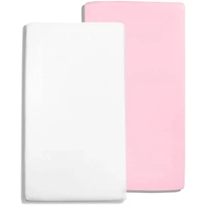 Image of Dudu N Girlie Mini Cot Bed Sheets Fitted Cotton Spacesaver Jersey Soft Bedsheet Hypoallergenic Elasticated Breathable Travel (Pack of 2, White &amp; Pink)
