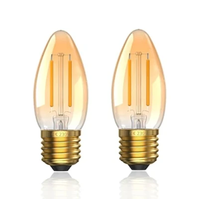 Image of TobeBright 2.5W E27 LED Vintage Light Candle Bulb Edison Large Screw Warm White 2700K,Filament C35 Dim Low Watt Bulb,Amber Glass,Equivalent 20W,Non Dimmable,2 Pack