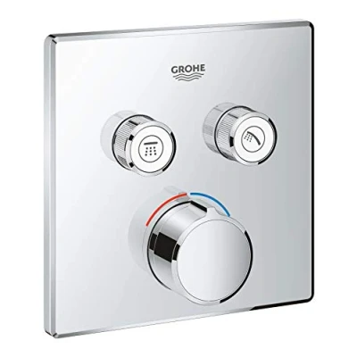 Image of GROHE SmartControl Concealed Mixer for Shower or Bath (2 Valves, Square Shape, Set Final Installation Rapido SmartBox, Push ON OFF, Turn Volume Adjustment), Chrome, 29148000