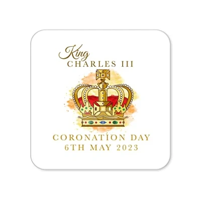 Image of Kings Coronation 2023 Official Crown Square Coasters King Charles III Commemorative Souvenir Gift His Majesty The Royal Memorabilia Gifts