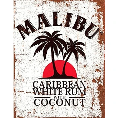 Image of BIGBAZZA Vintage Advertising Wall Tin Plaque 20x15cm Pub Shed Bar Man Cave Home Bedroom Office Kitchen Gift Metal Sign Retro White Rum Malibu Beach Cocktail Coconut inspired Drink Alcohol