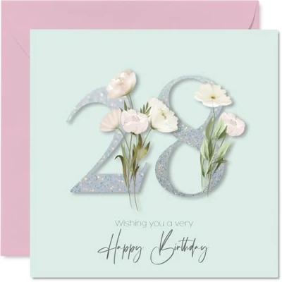 Image of 28th Birthday Cards for Women Fancy Floral Flowers Happy Card 28 Year Old Woman Niece Daughter Cousin Sister, 145mm Bday Greeting