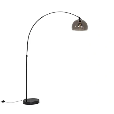 Image of Qazqa Modern Arc Floor lamp I Light Black with Smoke Glass Suitable for LED E27 1 Steel Living Room Bedroom