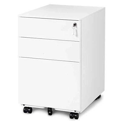 Image of Lockable Mobile File Cabinet with 3 Drawers and 5 Wheels A4 Size Metal Filing Pedestal for Secure Storage Includes Keys