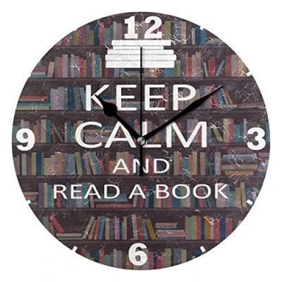 Image of Domoko Home Decor Vintage Bookshelf Bookworm Quotes Round Acrylic Wall Clock Non Ticking Silent Art Living Room Kitchen Bedroom