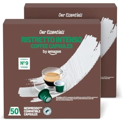 Image of by Amazon Ristretto Intenso Coffee Capsules Nespresso Compatible, Dark Roast, 100 Count (2 Packs of 50) Rainforest Alliance Certified