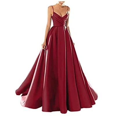 Image of yhfshop Elegant Bridesmaid Dresses,Sexy V Neck Spaghetti Strap Satin Evening Dress,Crimson G,US2,Women&#039;s Classic Dresses