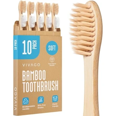 Image of VIVAGO Bamboo Toothbrushes 10 Pack BPA Free Soft Bristles for Adults, Eco Friendly, Biodegradable &amp; Compostable Natural Wooden Toothbrush