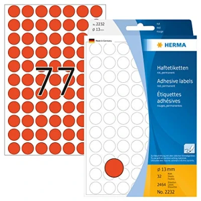 Image of HERMA Dot Stickers Red, 2464 Labels, Ø 13 mm, 77 Labels per Sheet, Self Adhesive Round Colour Stickers, Blank Marking Dots, Sticky Circle for Color Coding Calendar