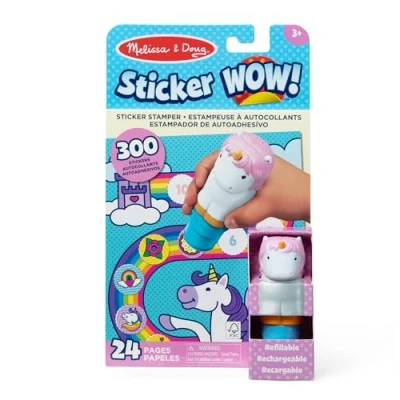 Image of Melissa &amp; Doug Sticker WOW!™ Stamper and 24 Page Activity Pad, 300 Stickers, Arts Crafts Fidget Toy Collectible Character Unicorn Creative Play Travel for Girls Boys 3+
