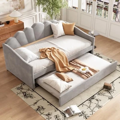 Image of ModernLuxe 3FT Single Sofa Bed, Stylish Pull out Bottom with Trundle, Upholstered Day Bed for Adults and Teenagers, Space Saving Guest Easy Assembly, Velvet, Grey, 90x190cm