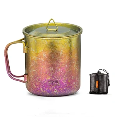 Image of TiTo Titanium Cup Camping Tea Coffee Water Mug Ultralight Portable Cookware 450ml Foldable Handle Pot with Lid for Outdoor Backpacking Hiking Picnic Drinkware Open Fire (Colorful)