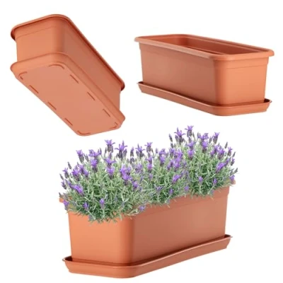 Image of KADAX Flower Box with Saucer, Plastic Balcony Box, Planter for Indoor and Outdoor Use, Pot Balcony, Patio, Windowsill (40 cm, Terracotta)