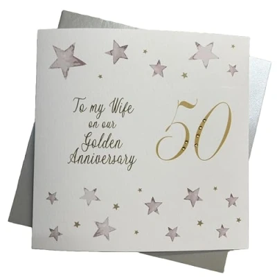 Image of WHITE COTTON CARDS To My Wife 50, Handmade Large 50th Anniversary Card (Big Twist Range, Golden)