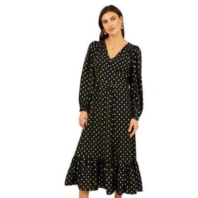 Image of Yumi Womens Black Foil Print Long Sleeve Midi Dress Size 12 UK