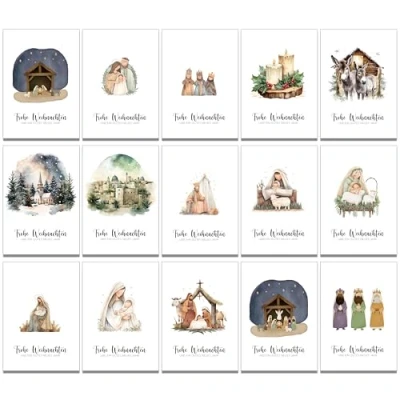 Image of 30 Religious Christian Christmas Cards with 15 Different Designs and Brown Kraft Recycled Paper Envelopes