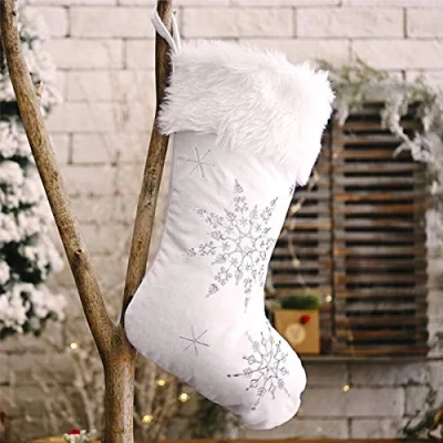 Image of Mauts 20&quot; White Christmas stocking, decorations stocking With Silver Pearl Snowflakes, Used For Gift Box Mantel Decoration Party