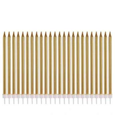 Image of Metallic Happy Birthday Candles Tall Cake Holders Long Thin Cupcake Topper for Wedding Party Decoration (24pcs Gold)