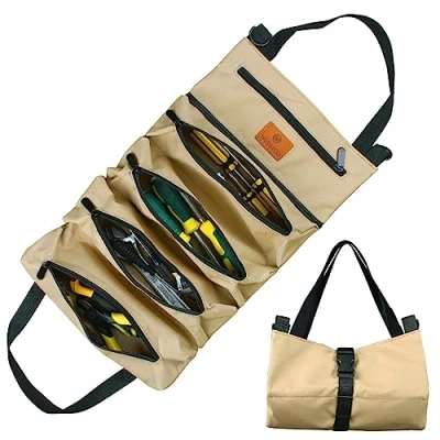 Image of Tool Roll Bag, Canvas Wrench Multi Purpose Bag with 5 Zip Pockets, Ideal for Plumbers, Craftsmen and Electricians (Khaki)