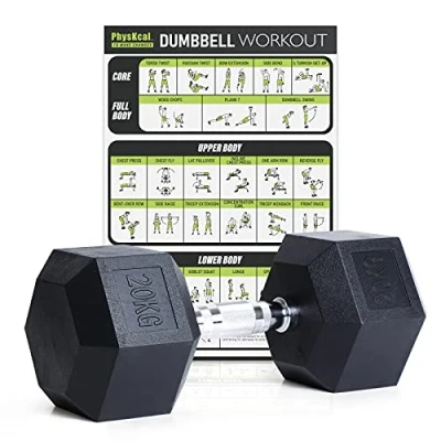 Image of PhysKcal Hex Dumbbells 20KG Single, Odourless Poly Rubber Encased Set 2.5KG 5KG 7.5KG 10KG 12.5KG 15KG Home Gym Weights