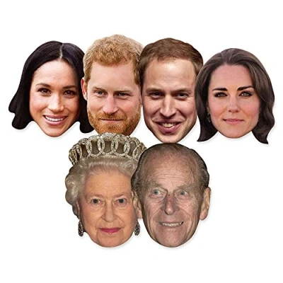 Image of Star Cutouts SMP369 Six Pack Masks of Royal Couples Includes Prince Harry, Meghan Markle, Philip, The Queen, William and Kate Duchess Cambridge, Hand/A