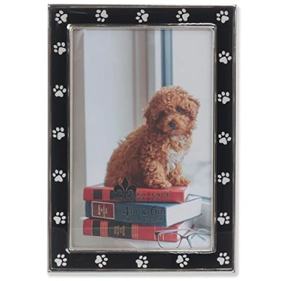 Image of 4x6 Silver Metal and Black Enamel Picture Frame, Paw Print Design