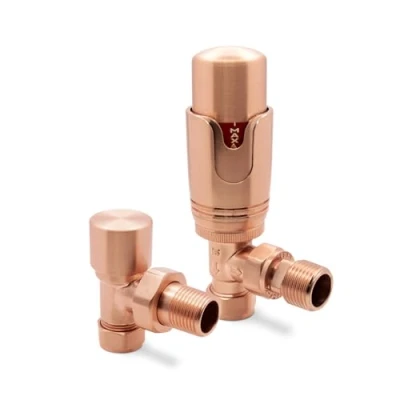 Image of Copper Angled Modern Thermostatic Radiator Towel Rail Valves Central Heating (Pair) 1/2&quot; BSP