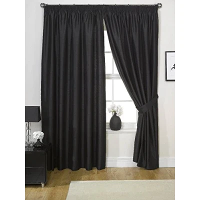 Image of viceroy bedding PAIR OF Luxury FAUX SILK Pencil Pleat Curtains INCLUDING MATCHING TIE BACKS (66&#039;&#039; x 90&#039;&#039;, Black)