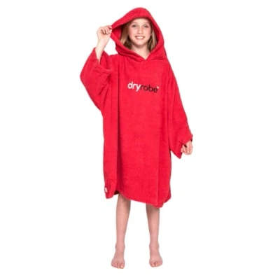 Image of Dryrobe® Organic Towel Swim Robe Short Sleeve Hooded Surf Poncho Changing Cotton for Swimming, Beach, Surfing Childs Age 10 13 Red