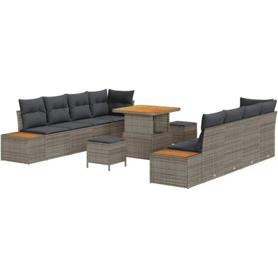 Image of vidaXL 11 Piece Garden Sofa Set with Cushions Grey Poly Rattan Acacia