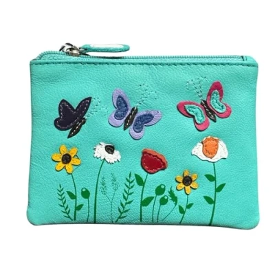Image of Butterflies &amp; Flowers Card and Coin Purse Mala Leather Sophia Collection (Turquoise)
