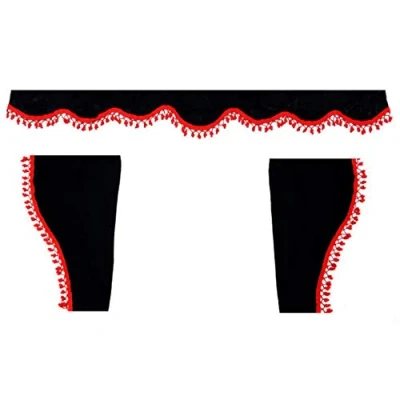 Image of Sertplas Lorry Curtains Set 3 pcs Interior Decoration Tailored for All Truck Makes and Models Black with Red Tassels