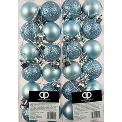 Image of Set Of 24 Mini Christmas Ice Blue Glitter Tree Baubles Decorations