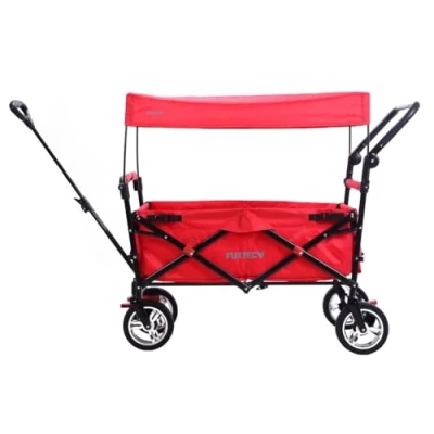 Image of FUXTEC folding/foldable wagon hand cart garden trolley carriage of children outdoor transport fishing hiking removable canopy push handle/pull rod dual brake system CT700 Red