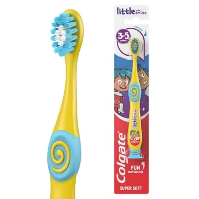 Image of Colgate Kids Toothbrush 3 5 years, Super Soft bristles, Gently and Effectively Clean Teeth, Small Brush Head for Easy Access, White Bristles Toothpaste Guide, Comfortable Handle with Thumb Grips