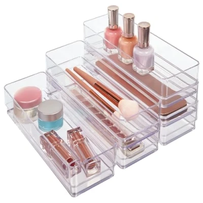Image of STORi SimpleSort 6 Piece Stackable Clear Drawer Organizer Set 9&quot; x 3&quot; 2&quot; Rectangle Trays Narrow Makeup Vanity Storage Bins and Office Desk Dividers Made in USA