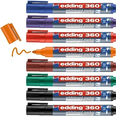 Image of edding 360 whiteboard marker set multi coloured 8 pens round nib 1.5 3 mm pen dry wipe for whiteboards, flipcharts, magnetic, memo boards sketchnotes refillable