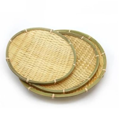 Image of Bafnsiji Round Wicker Baskets, Natural Bamboo Basket, Woven Basket Tray, Wooden Serving Fruit Hamper Trays