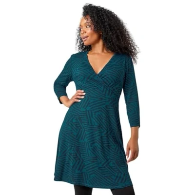 Image of Roman Petite Mock Wrap Abstract Stretch Dress for Women UK Ladies Autumn Everyday Winter Holiday V Neckline Comfy 3/4 Sleeve Soft Fit &amp; Flare Frock Day Out Gowns Teal Size 14