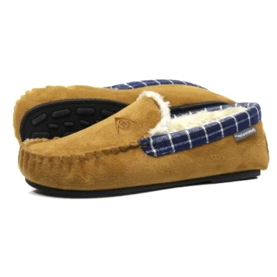 Image of DUNLOP Mens Duke Moccasin Slippers Loafers Faux Suede Soft Fur Lining with Outdoor Sole (Chestnut Multi, UK Footwear Size System, Adult, Men, Numeric, Medium, 11)