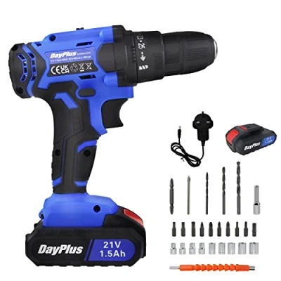 Image of 21V Cordless Drill Driver Combi Drill, 25+1 Torque Setting, 3/8&quot; Keyless Chuck, 26PCS 45N.m Impact Electric Power Tool, 2 Speed ​​with LED Light, 1 Batteries &amp; Fast Charger