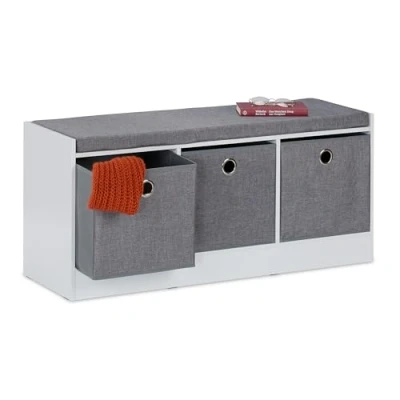 Image of Relaxdays Hallway Bench, Upholstered Seat with 3 Fabric Drawers, Storage, 46 x 102 32 cm, mdf, White/Grey