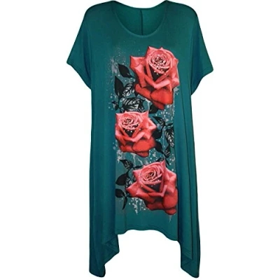 Image of WearAll Ladies Plus Size Glitter Rose Print Hanky Hem Womens Short Sleeve Long Top Teal 26/28