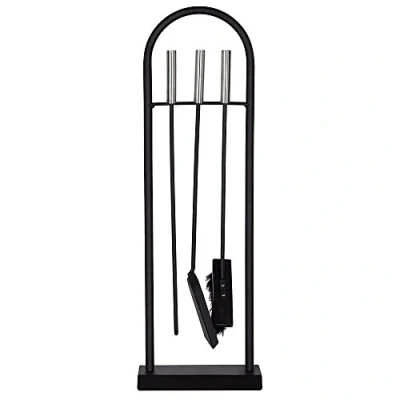 Image of Fire Vida 4 Piece Arc Companion Set, Cast Iron Modern Fireside Fireplace, Chrome &amp; Black