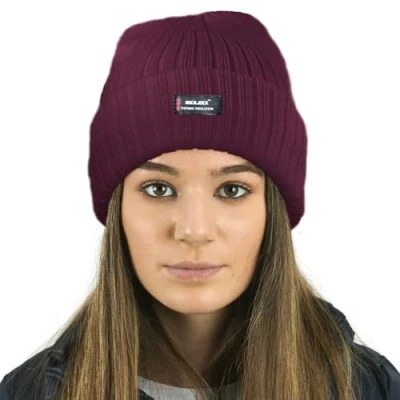 Image of RockJock Ladies Womens Warm Winter Lined Beanie Hat with R40 Thermal Insulation Burgundy