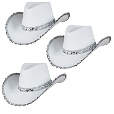 Image of 3 x Adult Ladies White Sequin Texan Cowboy Hats : Wild West Cowgirl Hen Night Fancy Dress Accessory